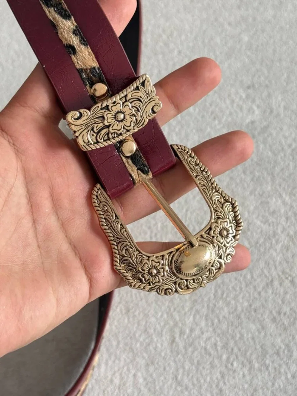 Burgundy Leopard Print Western Statement Belt